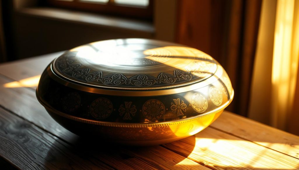 A beautifully composed handpan lying on a wooden surface, with sunlight filtering through a window, casting warm, golden hues across the instrument. The handpan's intricate patterns and textures are the focal point, accentuated by soft shadows that add depth and dimensionality. The background is slightly blurred, allowing the handpan to stand out prominently, inviting the viewer to explore its captivating details. The overall scene conveys a sense of serene contemplation, inspiring the viewer to imagine the rhythmic melodies that could emanate from this captivating musical instrument. A beautifully composed handpan lying on a wooden surface, with sunlight filtering through a window, casting warm, golden hues across the instrument. The handpan's intricate patterns and textures are the focal point, accentuated by soft shadows that add depth and dimensionality. The background is slightly blurred, allowing the handpan to stand out prominently, inviting the viewer to explore its captivating details. The overall scene conveys a sense of serene contemplation, inspiring the viewer to imagine the rhythmic melodies that could emanate from this captivating musical instrument.