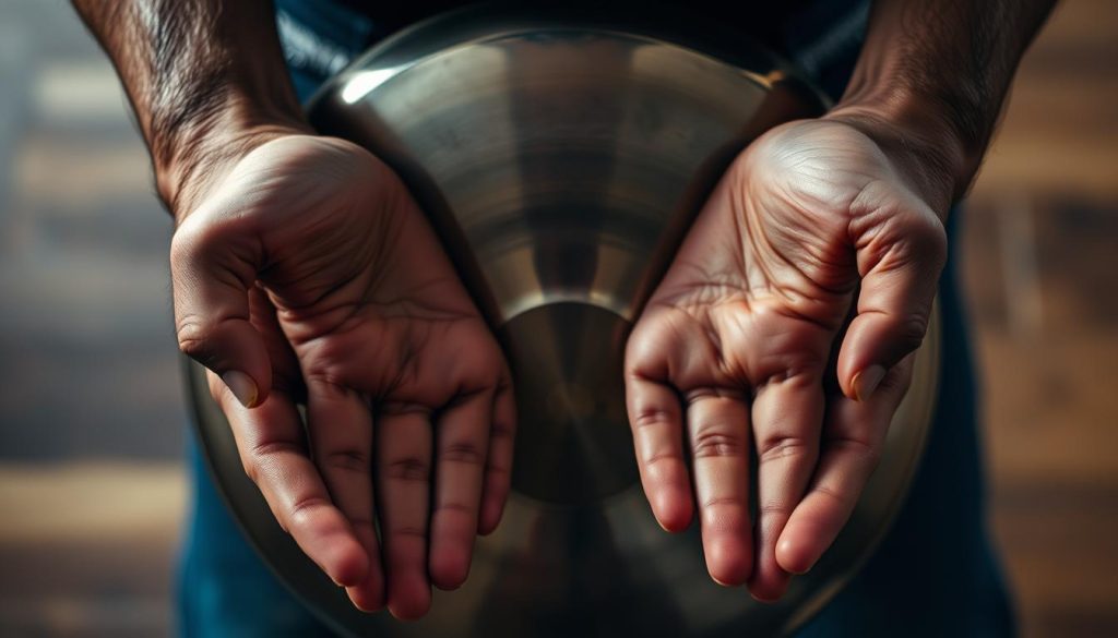 A close-up view of a person's hands holding a handpan, palms facing down, fingers gently curled and positioned over the indented surface of the instrument. The fingers are spaced apart, creating a balanced and centered grip, with the thumbs slightly overlapping. The lighting is soft and natural, highlighting the texture of the skin and the metallic sheen of the handpan. The background is blurred, allowing the focus to remain on the hands and the handpan, conveying a sense of concentration and attention to detail.