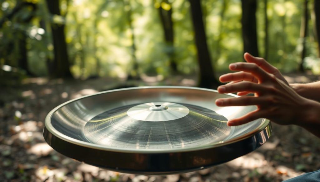 A dynamic, fluid handpan performance in a serene, natural setting. Foreground: A skilled musician's hands deftly coaxing intricate, rhythmic patterns from the metallic handpan, creating a captivating visual of motion and expression. Middle ground: The handpan, its circular surface glistening with subtle highlights, suspended in an airy, softly-lit space. Background: A tranquil forest glade, with dappled sunlight filtering through the lush foliage, evoking a sense of calm and connection with nature. The overall mood is one of focused, effortless improvisation, where the musician's intuitive movements breathe life into the handpan's resonant tones, resulting in a mesmerizing, dynamic performance. A dynamic, fluid handpan performance in a serene, natural setting. Foreground: A skilled musician's hands deftly coaxing intricate, rhythmic patterns from the metallic handpan, creating a captivating visual of motion and expression. Middle ground: The handpan, its circular surface glistening with subtle highlights, suspended in an airy, softly-lit space. Background: A tranquil forest glade, with dappled sunlight filtering through the lush foliage, evoking a sense of calm and connection with nature. The overall mood is one of focused, effortless improvisation, where the musician's intuitive movements breathe life into the handpan's resonant tones, resulting in a mesmerizing, dynamic performance.