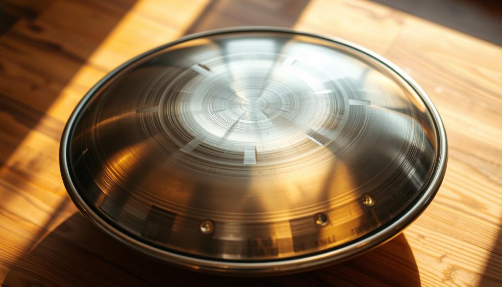 A handpan instrument resting on a wooden surface, bathed in warm, natural lighting. The metallic shell gleams, revealing its intricate patterns and grooves. The instrument is centered in the frame, with the surrounding space blurred, focusing the viewer's attention on the handpan's distinctive shape and resonant qualities. The composition emphasizes the tactile nature of the handpan, inviting the viewer to imagine the soothing, meditative tones it produces. This image aims to capture the essence of the handpan's unique and captivating musical properties. A handpan instrument resting on a wooden surface, bathed in warm, natural lighting. The metallic shell gleams, revealing its intricate patterns and grooves. The instrument is centered in the frame, with the surrounding space blurred, focusing the viewer's attention on the handpan's distinctive shape and resonant qualities. The composition emphasizes the tactile nature of the handpan, inviting the viewer to imagine the soothing, meditative tones it produces. This image aims to capture the essence of the handpan's unique and captivating musical properties.
