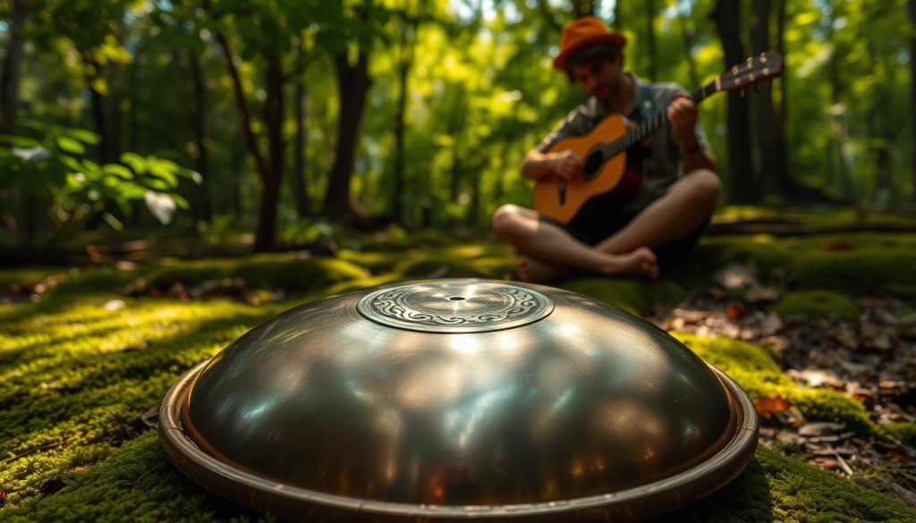 A handpan, its metallic surface gleaming under soft, warm lighting, rests on a mossy forest floor. The intricate patterns on the instrument's concave surface catch the dappled sunlight filtering through the lush, verdant canopy above. In the background, a lone guitarist sits cross-legged, fingers effortlessly plucking the strings, creating a soothing, melodic harmony that blends with the gentle rustling of leaves. The atmosphere is one of tranquility and inspiration, inviting the viewer to immerse themselves in the intimate, meditative scene.