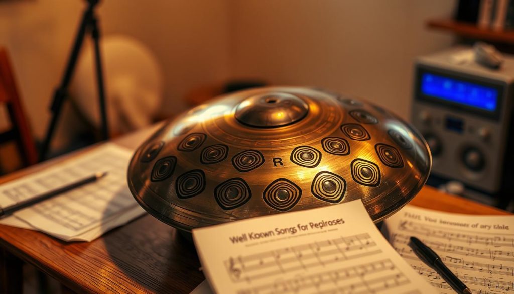 A handpan, its metallic surface gleaming under warm studio lighting, sits atop a wooden table. Intricate patterns and indentations across its surface suggest the melodies it can produce. In the foreground, musical scores and handwritten notes hint at the creative process of adapting well-known songs for this unique instrument. The background features a blurred, cozy atmosphere, evoking a sense of intimacy and inspiration for the musical exploration. A handpan, its metallic surface gleaming under warm studio lighting, sits atop a wooden table. Intricate patterns and indentations across its surface suggest the melodies it can produce. In the foreground, musical scores and handwritten notes hint at the creative process of adapting well-known songs for this unique instrument. The background features a blurred, cozy atmosphere, evoking a sense of intimacy and inspiration for the musical exploration.
