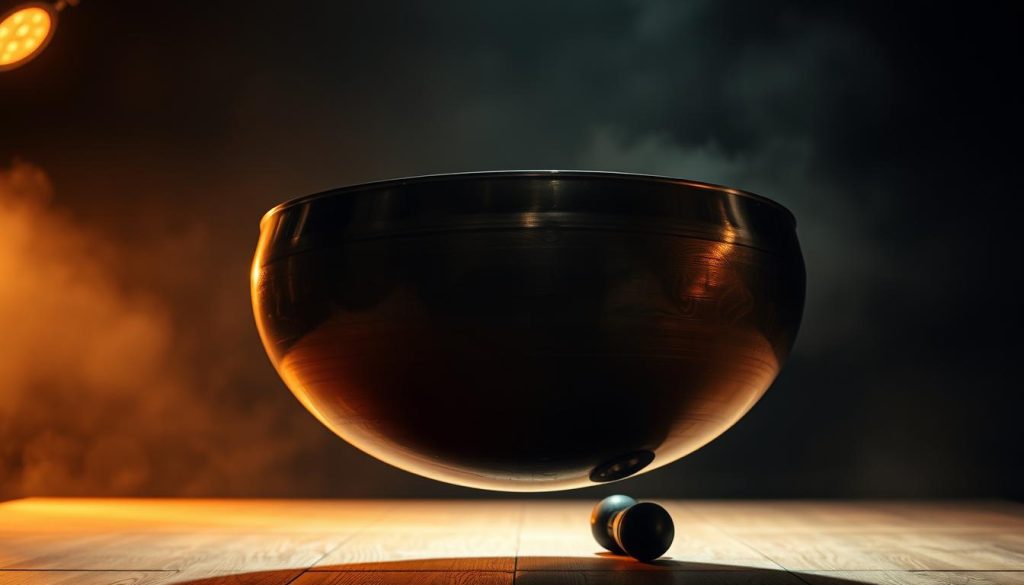 A handpan levitating in a serene, dimly lit studio. The metal surface catches the warm glow of a soft spotlight, highlighting its intricate patterns and creating a mesmerizing play of light and shadow. The instrument hovers slightly above a wooden surface, surrounded by a hazy, atmospheric background that evokes a sense of tranquility and focus. The composition draws the viewer's attention to the handpan's ethereal presence, evoking the advanced techniques and captivating effects that can be achieved through masterful handpan performance.