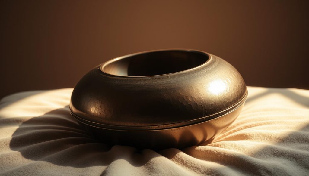 A handpan resting on a soft, velvet-covered surface, illuminated by warm, natural lighting from the side. The handpan's intricate, hammered surface gleams, capturing the play of light and shadow. The camera angle is slightly elevated, providing a detailed, close-up view of the instrument, emphasizing its mesmerizing design and inviting the viewer to appreciate its tactile qualities. The background is a neutral, muted tone, allowing the handpan to be the central focus. The overall mood is one of tranquility, highlighting the meditative and soothing nature of the handpan's sound.