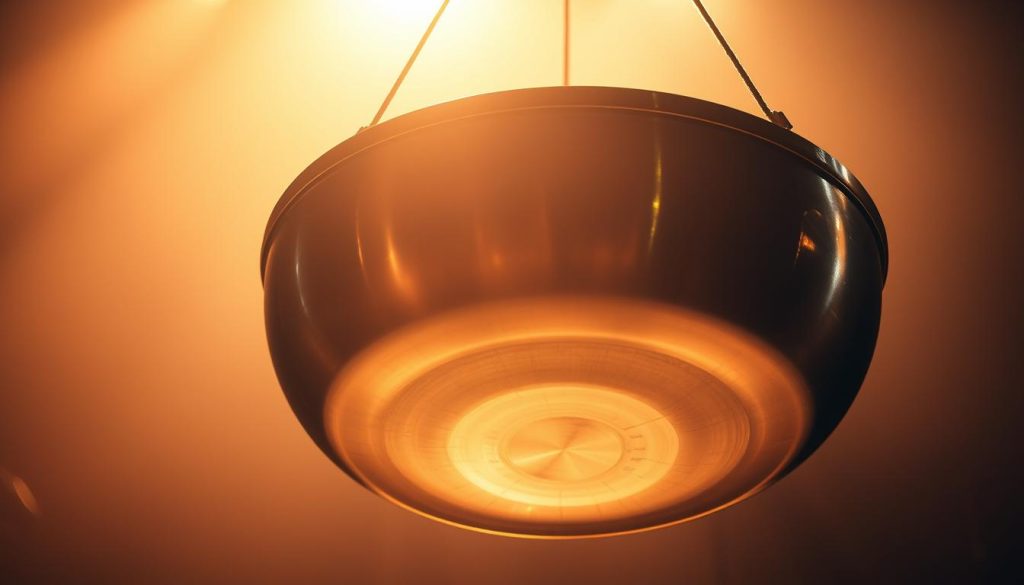 A handpan suspended in the air, gleaming in the soft, warm light. The metallic surface reflects the gentle shadows, creating a captivating interplay of light and texture. The instrument is positioned in the foreground, with a blurred, ambient background suggesting a stage or performance setting. The composition conveys a sense of tranquility and focus, inviting the viewer to imagine the soothing, meditative tones that could emanate from this unique percussion instrument. The image captures the essence of rhythm and production, hinting at the potential for innovative musical arrangements featuring the handpan.