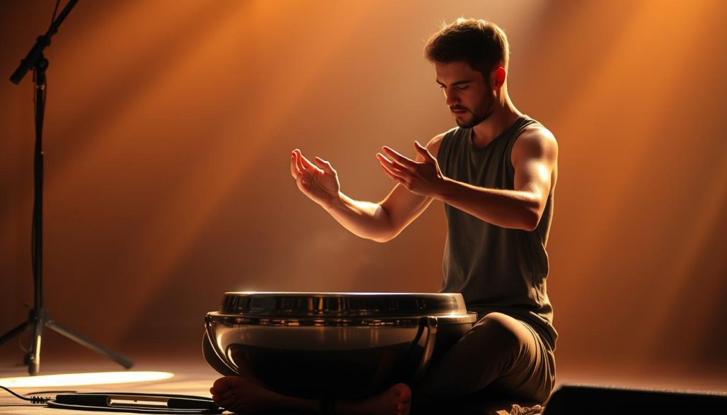 A live performance of a handpan musician, captured in stunning detail. The performer sits cross-legged on a stage, their hands moving gracefully across the unique, inverted steel drum, coaxing out a mesmerizing and ethereal melody. Warm, natural lighting illuminates the scene, casting a gentle glow on the musician's face and the gleaming handpan. The background is slightly blurred, allowing the focus to remain on the captivating performance. The atmosphere is serene and contemplative, inviting the viewer to be immersed in the soothing, resonant tones of the handpan. A live performance of a handpan musician, captured in stunning detail. The performer sits cross-legged on a stage, their hands moving gracefully across the unique, inverted steel drum, coaxing out a mesmerizing and ethereal melody. Warm, natural lighting illuminates the scene, casting a gentle glow on the musician's face and the gleaming handpan. The background is slightly blurred, allowing the focus to remain on the captivating performance. The atmosphere is serene and contemplative, inviting the viewer to be immersed in the soothing, resonant tones of the handpan.