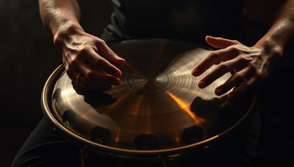 A mesmerizing handpan performance in an atmospheric setting, capturing the rhythmic flow and dynamic interplay of the musician's hands. The handpan, with its unique metallic tones, is the focal point, surrounded by a dimly lit, moody backdrop that accentuates the instrument's warm, resonant sound. The player's hands are shown in motion, weaving intricate patterns of rhythms and ghost notes, creating a captivating visual representation of the "Rythmes, tempo et indépendance des mains" section. The lighting is soft and directional, casting dramatic shadows and highlighting the texture of the handpan's surface. The overall composition conveys a sense of focus, energy, and the meditative nature of the handpan playing experience.