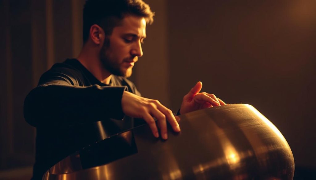 A professional handpan player performing various techniques on their instrument, lit by warm, soft lighting from the side. The handpan is prominently featured in the foreground, showcasing the player's skilled fingers dancing across the unique sound sculpture. The middle ground captures the player's focused expression, conveying the meditative connection between the performer and their instrument. The background is blurred, creating a sense of serene isolation, allowing the viewer to fully immerse themselves in the captivating performance. The overall scene radiates a sense of tranquility and musical exploration, reflecting the techniques and textures that can be woven into handpan covers of well-known songs. A professional handpan player performing various techniques on their instrument, lit by warm, soft lighting from the side. The handpan is prominently featured in the foreground, showcasing the player's skilled fingers dancing across the unique sound sculpture. The middle ground captures the player's focused expression, conveying the meditative connection between the performer and their instrument. The background is blurred, creating a sense of serene isolation, allowing the viewer to fully immerse themselves in the captivating performance. The overall scene radiates a sense of tranquility and musical exploration, reflecting the techniques and textures that can be woven into handpan covers of well-known songs.