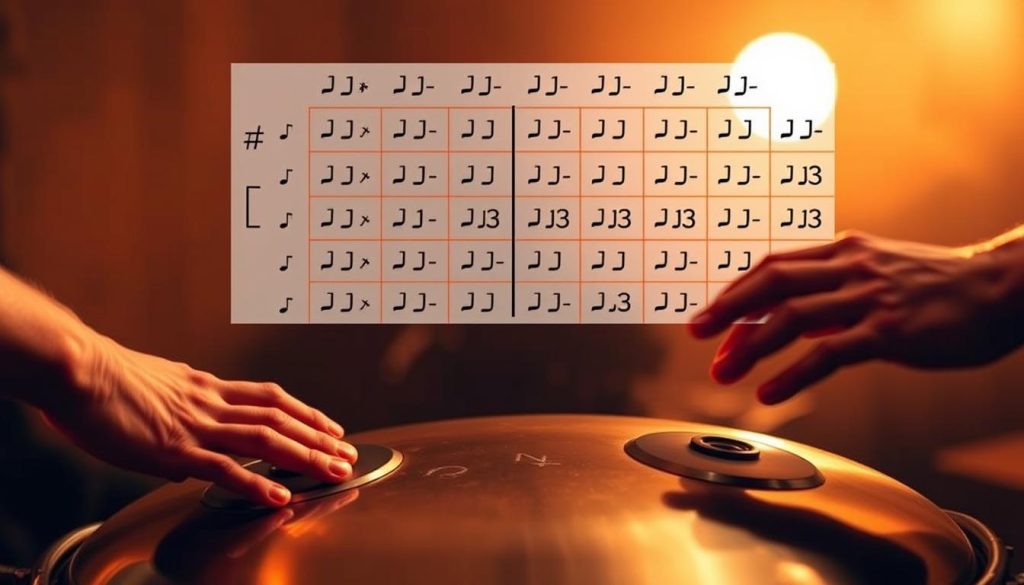A rhythmic foundation of handpan performance, with a focus on pulse, time signatures, and independent hand movements. In the foreground, two hands playing a handpan, each hand following a distinct rhythm and pattern. The middle ground features a grid-like structure representing measures and time signatures, with a sense of movement and energy. The background depicts a warm, atmospheric environment, with soft lighting and a sense of depth, emphasizing the importance of a strong rhythmic foundation in improvisation. A rhythmic foundation of handpan performance, with a focus on pulse, time signatures, and independent hand movements. In the foreground, two hands playing a handpan, each hand following a distinct rhythm and pattern. The middle ground features a grid-like structure representing measures and time signatures, with a sense of movement and energy. The background depicts a warm, atmospheric environment, with soft lighting and a sense of depth, emphasizing the importance of a strong rhythmic foundation in improvisation.