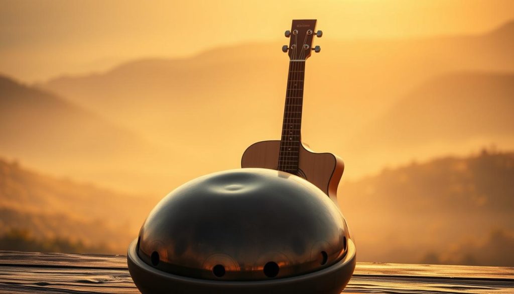 A serene and atmospheric musical scene, captured in warm, golden light. In the foreground, a handpan rests on a wooden surface, its intricate patterns and tones ready to be explored. In the middle ground, a sleek and elegant acoustic guitar leans against the handpan, its strings softly vibrating in anticipation. The background is a hazy, dreamlike landscape, with a sense of depth and tranquility that invites the viewer to immerse themselves in the soothing, harmonious duo. The overall composition is balanced and visually captivating, reflecting the harmony and interplay of the handpan and guitar.
