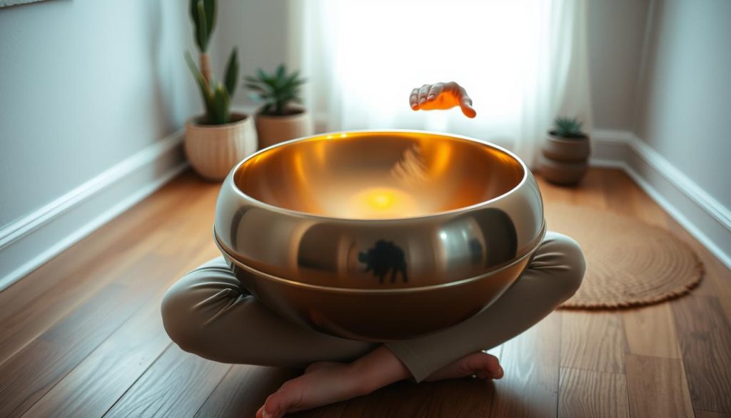 A serene, softly-lit scene of a person sitting cross-legged on a wooden floor, intently focused on playing a handpan, an intriguing percussion instrument with a distinctive inverted dome shape. The handpan emits a warm, ethereal glow, illuminating the player's hands as they gently strike the metal alloy surface, coaxing out a mesmerizing, soothing melody. The background is a minimalist, cozy interior, with a few plants and a simple rug adding touches of natural charm. The overall atmosphere is one of peaceful concentration, inviting the viewer to immerse themselves in the meditative process of learning to play the handpan. A serene, softly-lit scene of a person sitting cross-legged on a wooden floor, intently focused on playing a handpan, an intriguing percussion instrument with a distinctive inverted dome shape. The handpan emits a warm, ethereal glow, illuminating the player's hands as they gently strike the metal alloy surface, coaxing out a mesmerizing, soothing melody. The background is a minimalist, cozy interior, with a few plants and a simple rug adding touches of natural charm. The overall atmosphere is one of peaceful concentration, inviting the viewer to immerse themselves in the meditative process of learning to play the handpan.