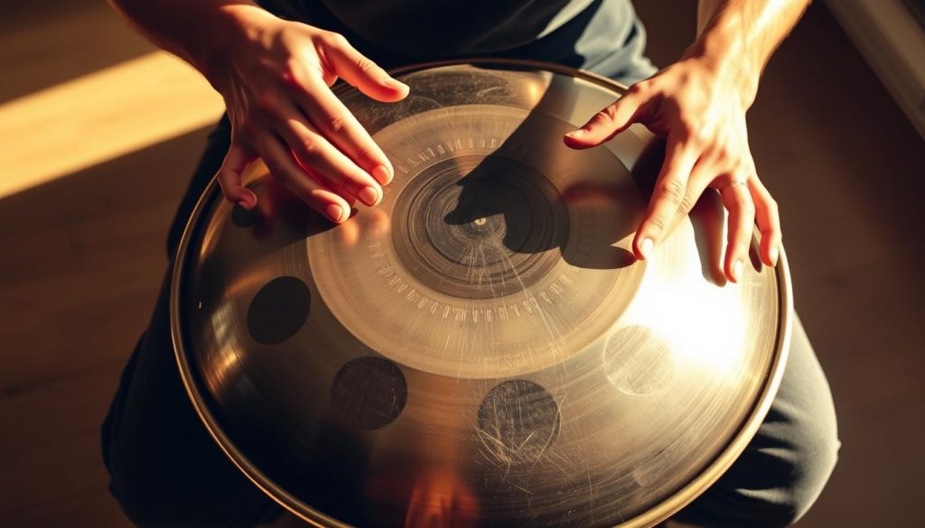 A skilled handpan player performs intricate "frappes contrôlées" (controlled strikes) on the metal instrument, creating a soothing, meditative soundscape. The performer's hands move with precision and grace, striking the handpan's distinctive concave surface to elicit a range of tones and textures. Soft, ghost notes and dynamic variations in strike intensity produce a captivating, hypnotic performance. The scene is illuminated by warm, natural lighting, casting gentle shadows that accentuate the handpan's unique shape and the performer's fluid movements. The overall atmosphere is one of focus, concentration, and the peaceful exploration of this mesmerizing musical art form.