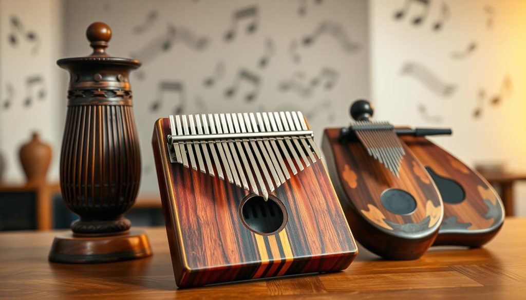 A beautifully arranged composition featuring a kalimba, mbira, and sanza displayed on a wooden table. In the foreground, the kalimba is elegantly placed, showcasing its vibrant colors and metallic tines gleaming in soft, warm light. The mbira, with its intricate wooden carvings and a gentle sheen, is on the left, while the sanza, crafted from rich mahogany and adorned with natural textures, rests on the right. In the middle, a blurred background hints at a serene music studio, with subtle musical notes etched on a wall and ambient lighting creating an inviting atmosphere. The image captures the essence of these traditional instruments, emphasizing their uniqueness yet highlighting their common heritage, evoking a sense of cultural appreciation and harmony. A beautifully arranged composition featuring a kalimba, mbira, and sanza displayed on a wooden table. In the foreground, the kalimba is elegantly placed, showcasing its vibrant colors and metallic tines gleaming in soft, warm light. The mbira, with its intricate wooden carvings and a gentle sheen, is on the left, while the sanza, crafted from rich mahogany and adorned with natural textures, rests on the right. In the middle, a blurred background hints at a serene music studio, with subtle musical notes etched on a wall and ambient lighting creating an inviting atmosphere. The image captures the essence of these traditional instruments, emphasizing their uniqueness yet highlighting their common heritage, evoking a sense of cultural appreciation and harmony.
