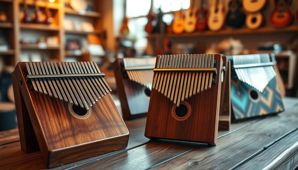 A beautifully arranged display of kalimbas on a rustic wooden table, showcasing various styles and finishes, from polished mahogany to vibrant painted models. In the foreground, focus on an intricately designed kalimba, its metal tines shimmering in the soft, warm light. The middle ground features a few more kalimbas, each with unique patterns and colors, hinting at their diverse price ranges. In the background, a cozy music shop environment is visible, with shelves lined with musical instruments and soft, inviting ambient light filtering through a nearby window. The mood is warm and inviting, evoking a sense of curiosity and joy about discovering this charming instrument in France. Depth of field is used to draw attention to the kalimbas while maintaining a blurred, artistic effect in the background.