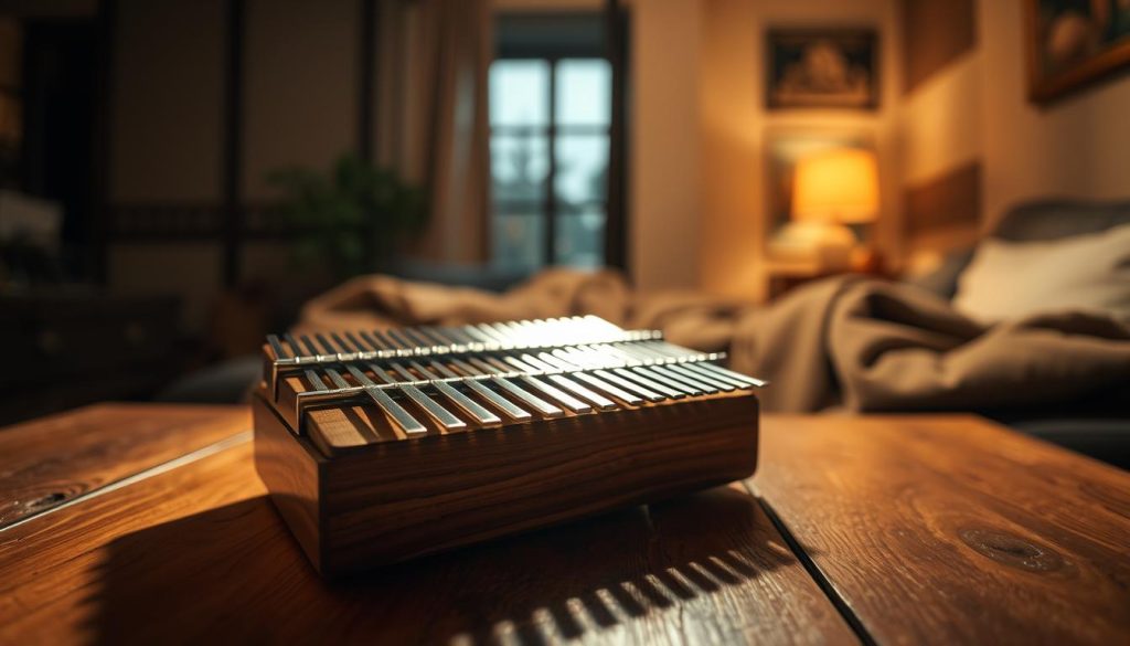 A beautifully arranged kalimba instrument made of polished wood, with metal tines gleaming under soft, warm lighting. In the foreground, the kalimba rests on a rustic wooden table, showcasing its intricate craftsmanship and unique shape. The middle ground features subtle elements like traditional African patterns and soft fabric, hinting at the instrument’s cultural origins. In the background, a dimly lit room creates an inviting and cozy atmosphere, with shadows dancing softly on the walls, enhancing the instrument’s allure. Capture the scene from a low angle, allowing the viewer to appreciate the details of the kalimba, while evoking a sense of tranquility and connection to music. The overall mood is warm and inviting, ideal for illustrating the beauty of this idiophone and lamellophone instrument. A beautifully arranged kalimba instrument made of polished wood, with metal tines gleaming under soft, warm lighting. In the foreground, the kalimba rests on a rustic wooden table, showcasing its intricate craftsmanship and unique shape. The middle ground features subtle elements like traditional African patterns and soft fabric, hinting at the instrument’s cultural origins. In the background, a dimly lit room creates an inviting and cozy atmosphere, with shadows dancing softly on the walls, enhancing the instrument’s allure. Capture the scene from a low angle, allowing the viewer to appreciate the details of the kalimba, while evoking a sense of tranquility and connection to music. The overall mood is warm and inviting, ideal for illustrating the beauty of this idiophone and lamellophone instrument.