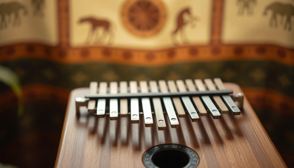 A beautifully crafted kalimba instrument placed prominently in the foreground, showcasing its smooth wooden body with elegantly shaped keys of various sizes and materials. Delicate strings attached to the keys glisten softly in the light. In the middle ground, a subtle African-themed tapestry provides context, featuring traditional patterns that hint at the instrument’s rich heritage. The background is softly blurred, suggesting a serene natural setting, perhaps with gentle greenery or warm tones reminiscent of African landscapes. The lighting is warm and inviting, casting a soft glow that highlights the kalimba’s craftsmanship, evoking a sense of cultural significance and musical harmony. The overall mood is peaceful and reflective, inviting viewers to appreciate the history and artistry of this enchanting instrument. A beautifully crafted kalimba instrument placed prominently in the foreground, showcasing its smooth wooden body with elegantly shaped keys of various sizes and materials. Delicate strings attached to the keys glisten softly in the light. In the middle ground, a subtle African-themed tapestry provides context, featuring traditional patterns that hint at the instrument’s rich heritage. The background is softly blurred, suggesting a serene natural setting, perhaps with gentle greenery or warm tones reminiscent of African landscapes. The lighting is warm and inviting, casting a soft glow that highlights the kalimba’s craftsmanship, evoking a sense of cultural significance and musical harmony. The overall mood is peaceful and reflective, inviting viewers to appreciate the history and artistry of this enchanting instrument.