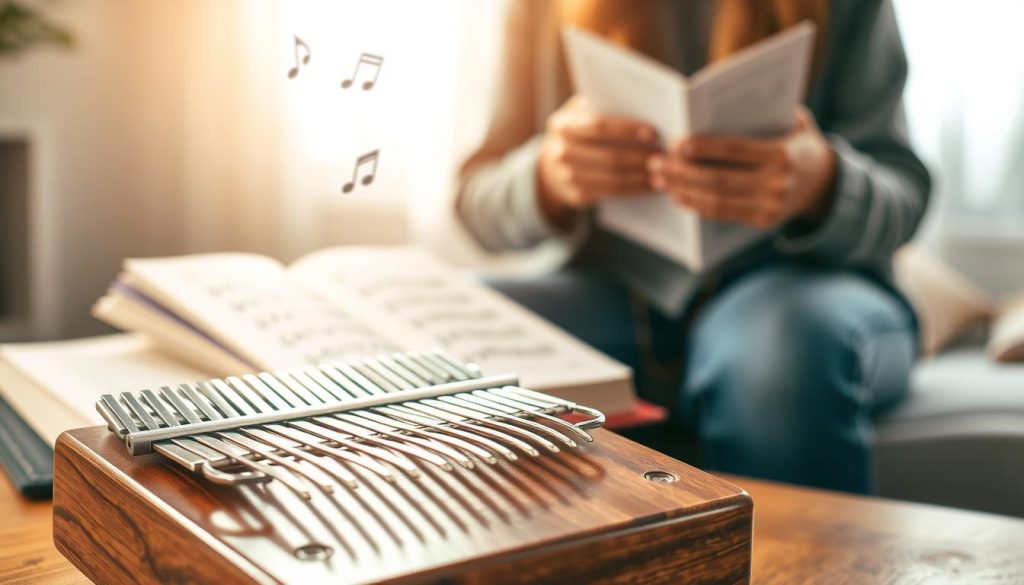 A beautifully crafted kalimba instrument, prominently displayed in the foreground with its polished wooden surface glistening under soft, warm light. The kalimba has distinct metal tines, intricately arranged, ready to produce melodic sounds. In the middle ground, a cozy setting featuring an open music book with kalimba sheet music, alongside a pair of hands gently playing the instrument, dressed in casual clothing to convey a relaxed learning atmosphere. The background softly blurs into a calm room with musical notes subtly floating in the air, hinting at creativity and inspiration. Natural light streams through a nearby window, creating a serene and inviting mood that highlights the joy of learning and playing the kalimba. A beautifully crafted kalimba instrument, prominently displayed in the foreground with its polished wooden surface glistening under soft, warm light. The kalimba has distinct metal tines, intricately arranged, ready to produce melodic sounds. In the middle ground, a cozy setting featuring an open music book with kalimba sheet music, alongside a pair of hands gently playing the instrument, dressed in casual clothing to convey a relaxed learning atmosphere. The background softly blurs into a calm room with musical notes subtly floating in the air, hinting at creativity and inspiration. Natural light streams through a nearby window, creating a serene and inviting mood that highlights the joy of learning and playing the kalimba.
