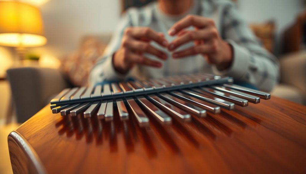 A beautifully crafted kalimba instrument, showcasing its intricate wooden body with polished surfaces and shiny metal tines arranged in perfect symmetry. In the foreground, focus tightly on the kalimba’s tines, capturing their reflective quality and the subtle grain of the wood. In the middle ground, a pair of skilled hands gently play the kalimba, highlighting the delicate interaction between musician and instrument. The background features a softly blurred cozy living room setting, illuminated by warm, ambient lighting that creates a serene atmosphere. The image should have an intimate mood, inviting viewers to feel the musical energy and innovation of this unique instrument. Use a shallow depth of field for a professional look, emphasizing the craftsmanship and technical aspects of the kalimba. A beautifully crafted kalimba instrument, showcasing its intricate wooden body with polished surfaces and shiny metal tines arranged in perfect symmetry. In the foreground, focus tightly on the kalimba’s tines, capturing their reflective quality and the subtle grain of the wood. In the middle ground, a pair of skilled hands gently play the kalimba, highlighting the delicate interaction between musician and instrument. The background features a softly blurred cozy living room setting, illuminated by warm, ambient lighting that creates a serene atmosphere. The image should have an intimate mood, inviting viewers to feel the musical energy and innovation of this unique instrument. Use a shallow depth of field for a professional look, emphasizing the craftsmanship and technical aspects of the kalimba.