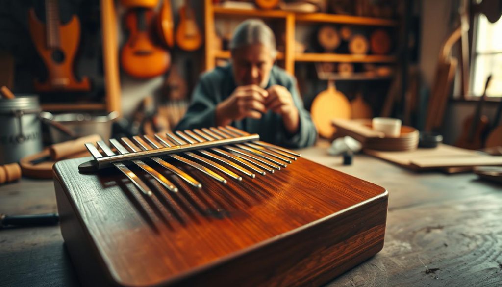A beautifully crafted kalimba sits prominently in the foreground, showcasing its smooth wooden surface and metal tines, reflecting soft light. The kalimba is slightly angled to reveal the details of its craftsmanship, with subtle grains of wood and polished finish. In the middle ground, an artisan's hand can be seen gently playing the instrument, conveying a sense of connection and artistry. Surrounding them, a cozy workshop environment filled with tools and materials for kalimba construction, softly illuminated by warm, natural light coming from a nearby window. The background features shelves lined with various musical instruments, adding context to the scene. The atmosphere is warm and inviting, emphasizing the beauty of craftsmanship and the joy of music.