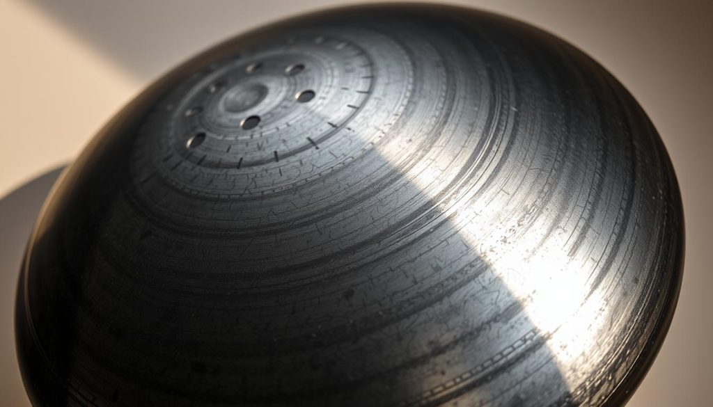 A close-up shot of a shiny, metallic handpan drum made of nitrided steel. The surface has a distinctive mottled, textured pattern with a deep, charcoal-grey hue. Intricate grooves and perforations cover the surface, creating an intricate visual rhythm. The handpan is resting on a simple, neutral-colored background, allowing the material and craftsmanship to be the primary focus. Subtle side-lighting casts gentle shadows, highlighting the depth and complexity of the nitrided steel. The overall mood is one of precision, durability, and the inherent beauty of high-quality, expertly-crafted metal. A close-up shot of a shiny, metallic handpan drum made of nitrided steel. The surface has a distinctive mottled, textured pattern with a deep, charcoal-grey hue. Intricate grooves and perforations cover the surface, creating an intricate visual rhythm. The handpan is resting on a simple, neutral-colored background, allowing the material and craftsmanship to be the primary focus. Subtle side-lighting casts gentle shadows, highlighting the depth and complexity of the nitrided steel. The overall mood is one of precision, durability, and the inherent beauty of high-quality, expertly-crafted metal.