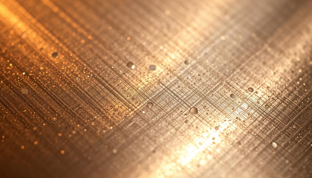 A close-up view of a finely textured nitrocarburized steel surface, captured under warm, diffused lighting. The intricate patterns of the crystalline microstructure shimmer with a metallic luster, reflecting the subtle play of light and shadow. The surface appears hard, dense, and resilient, radiating a sense of durability and responsiveness that would be well-suited for percussive musical instruments. The image conveys the technical and aesthetic qualities of this specialized steel, highlighting its unique properties that make it an ideal choice for handpan construction.