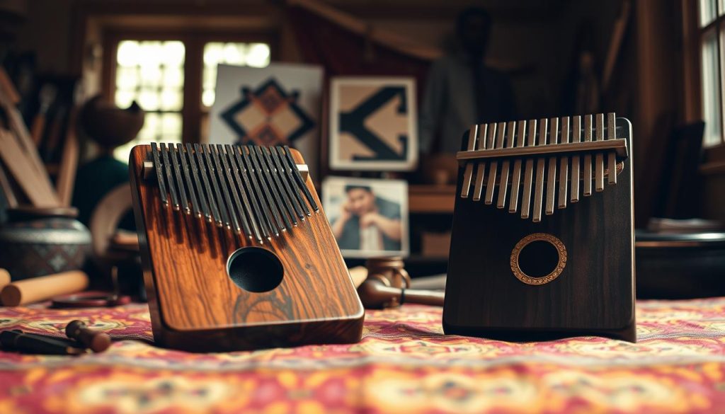 A detailed, artistic comparison of a mbira and a kalimba, showcasing their unique features side by side. The foreground focuses on a richly textured mbira made of wood and metal keys, positioned on a vibrant traditional fabric, while the kalimba, featuring a sleek design with fewer tines, is placed next to it. In the middle ground, a softly illuminated workspace contains various artisanal tools and a blurred reference image of the two instruments being played. The background features a warm, inviting ambiance with soft natural light filtering through a window, highlighting the cultural heritage of each instrument. The overall mood is tranquil and educational, inviting viewers to explore the distinct characteristics and histories of the mbira and kalimba. A detailed, artistic comparison of a mbira and a kalimba, showcasing their unique features side by side. The foreground focuses on a richly textured mbira made of wood and metal keys, positioned on a vibrant traditional fabric, while the kalimba, featuring a sleek design with fewer tines, is placed next to it. In the middle ground, a softly illuminated workspace contains various artisanal tools and a blurred reference image of the two instruments being played. The background features a warm, inviting ambiance with soft natural light filtering through a window, highlighting the cultural heritage of each instrument. The overall mood is tranquil and educational, inviting viewers to explore the distinct characteristics and histories of the mbira and kalimba.