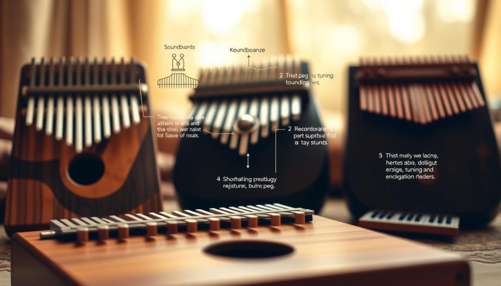 A detailed, artistic representation of the technical characteristics of musical instruments, focusing on a kalimba, mbira, and sanza. In the foreground, showcase the instruments with their keys and craftsmanship highlighted, displaying different materials such as wood, metal, and neolithic textures. In the middle ground, incorporate diagrams or labels describing soundboards, tuning pegs, and resonators, subtly merging with the instruments for a cohesive look. The background should feature soft, warm lighting that suggests a cozy, inviting atmosphere, perhaps with a blurred natural setting to evoke a cultural context. Use a shallow depth of field to keep the focus on the instruments while creating a sense of depth in the composition. The image should feel knowledgeable and engaging, perfect for an informative article. A detailed, artistic representation of the technical characteristics of musical instruments, focusing on a kalimba, mbira, and sanza. In the foreground, showcase the instruments with their keys and craftsmanship highlighted, displaying different materials such as wood, metal, and neolithic textures. In the middle ground, incorporate diagrams or labels describing soundboards, tuning pegs, and resonators, subtly merging with the instruments for a cohesive look. The background should feature soft, warm lighting that suggests a cozy, inviting atmosphere, perhaps with a blurred natural setting to evoke a cultural context. Use a shallow depth of field to keep the focus on the instruments while creating a sense of depth in the composition. The image should feel knowledgeable and engaging, perfect for an informative article.
