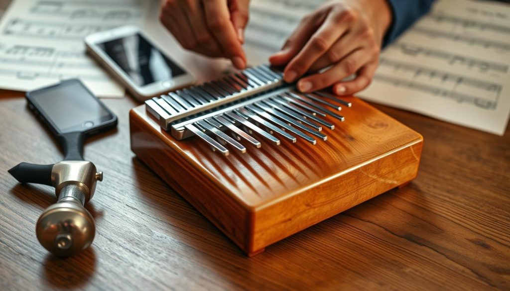 A detailed close-up of a kalimba resting on a wooden surface, with a professional musician's hands adjusting its tuning tines. In the foreground, reflect the intricate design of the kalimba's wooden body and metal keys, capturing the glint of natural light on the polished surfaces. In the middle ground, include a tuning hammer and a smartphone displaying a tuning app, creating a modern feel. The background features softly blurred musical notes on sheet music, hinting at the kalimba’s musicality. Utilize warm, soft lighting to create an inviting atmosphere, and shoot from a slightly elevated angle, highlighting both the hands and the instrument. The overall mood should convey a sense of focus and passion for music.