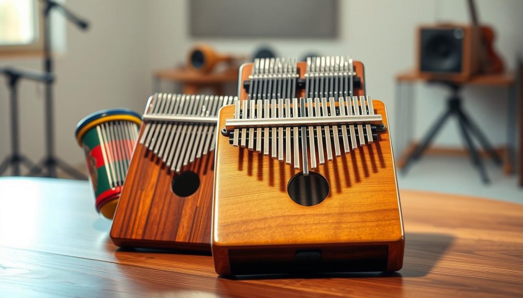 A detailed comparison of three traditional musical instruments: a kalimba, a mbira, and a sanza, arranged artistically on a wooden table. In the foreground, the kalimba is showcased prominently, its polished wooden body reflecting soft, warm light. Slightly behind it, the mbira is depicted with its intricate metal tines gleaming, highlighting its traditional craftsmanship. The sanza, with its unique design and vibrant colors, occupies the left side of the composition. The background features a soft, blurred setting of a serene music studio, with gentle lighting that evokes a calming atmosphere. The overall mood is inviting and educational, emphasizing the rich cultural heritage of these instruments. A detailed comparison of three traditional musical instruments: a kalimba, a mbira, and a sanza, arranged artistically on a wooden table. In the foreground, the kalimba is showcased prominently, its polished wooden body reflecting soft, warm light. Slightly behind it, the mbira is depicted with its intricate metal tines gleaming, highlighting its traditional craftsmanship. The sanza, with its unique design and vibrant colors, occupies the left side of the composition. The background features a soft, blurred setting of a serene music studio, with gentle lighting that evokes a calming atmosphere. The overall mood is inviting and educational, emphasizing the rich cultural heritage of these instruments.
