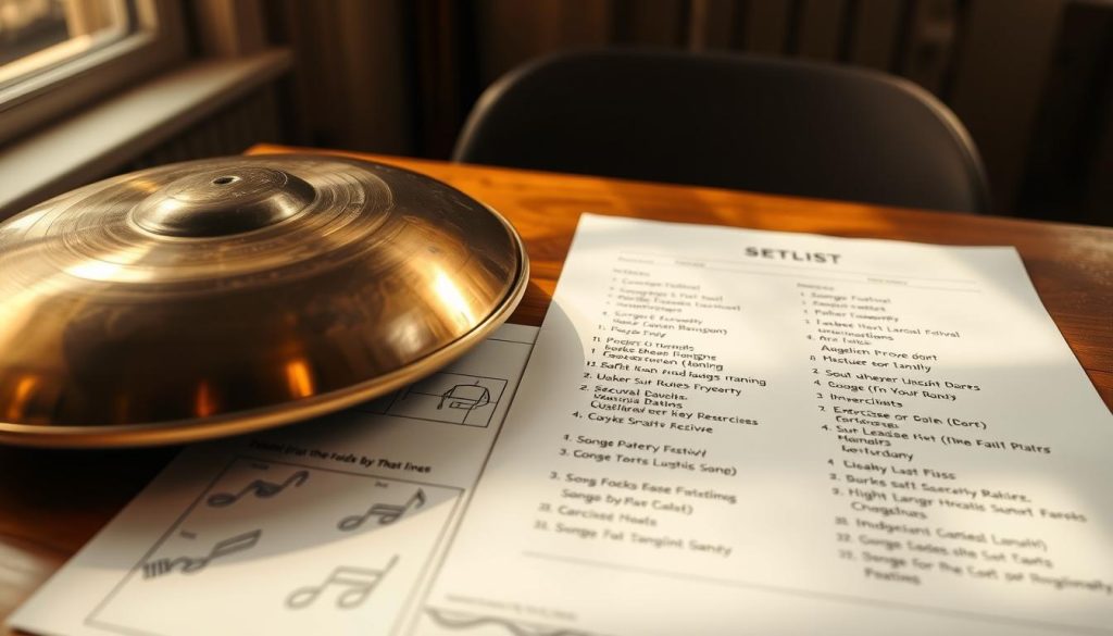 A detailed handpan training plan and setlist, neatly organized on a wooden table. The plan features various exercises and practice routines, with notes and sketches. In the foreground, a handpan instrument sits, its intricate design catching the warm, natural lighting from a nearby window. The middle ground showcases the setlist, with song titles and durations, carefully handwritten on high-quality paper. The background blurs softly, creating a serene, focused atmosphere, perfect for a successful handpan festival preparation. A detailed handpan training plan and setlist, neatly organized on a wooden table. The plan features various exercises and practice routines, with notes and sketches. In the foreground, a handpan instrument sits, its intricate design catching the warm, natural lighting from a nearby window. The middle ground showcases the setlist, with song titles and durations, carefully handwritten on high-quality paper. The background blurs softly, creating a serene, focused atmosphere, perfect for a successful handpan festival preparation.