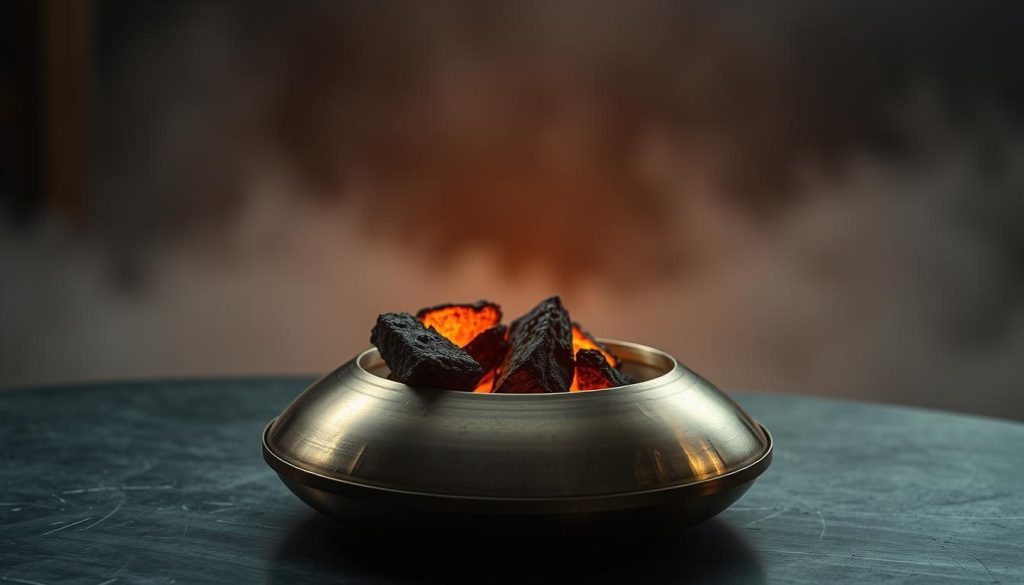 A glowing ember resting on a sleek, metallic surface, its fiery hues casting a warm glow over the surroundings. In the foreground, the Ember Steel handpan takes center stage, its intricate design and polished finish reflecting the flickering light. The middle ground is bathed in a soft, diffused light, highlighting the material's subtle textures and sheen. In the background, a moody, atmospheric setting with muted tones and shadows, creating a sense of depth and drama. The overall composition evokes a sense of warmth, craftsmanship, and the enduring nature of the Ember Steel material.