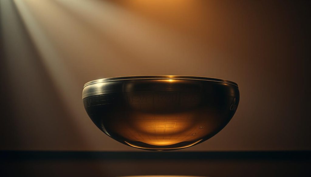 A handsome and pristine prix handpan floating in a serene, dimly-lit studio. The handpan's metallic body glistens under soft, warm lighting that casts dramatic shadows, highlighting its intricate patterns and curvatures. The handpan is positioned in the middle ground, with a blurred, muted background that allows the instrument to be the focal point. The atmosphere is one of contemplation and appreciation for the craftsmanship and musicality of this high-end percussion instrument. The camera angle is slightly elevated, giving a sense of reverence and showcasing the handpan's elegant form in all its glory. A handsome and pristine prix handpan floating in a serene, dimly-lit studio. The handpan's metallic body glistens under soft, warm lighting that casts dramatic shadows, highlighting its intricate patterns and curvatures. The handpan is positioned in the middle ground, with a blurred, muted background that allows the instrument to be the focal point. The atmosphere is one of contemplation and appreciation for the craftsmanship and musicality of this high-end percussion instrument. The camera angle is slightly elevated, giving a sense of reverence and showcasing the handpan's elegant form in all its glory.
