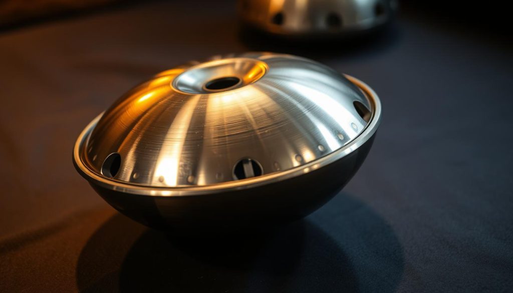 A polished, gleaming handpan instrument made of stainless steel or nitrided steel, resting on a dark, textured surface. The handpan's metallic surface reflects the ambient lighting, creating a warm, inviting glow. The instrument is positioned in the foreground, with a soft, blurred background that allows the viewer to focus on the intricate details of the handpan's design. The image conveys a sense of precision, durability, and the high-quality craftsmanship of the metal used in the handpan's construction.