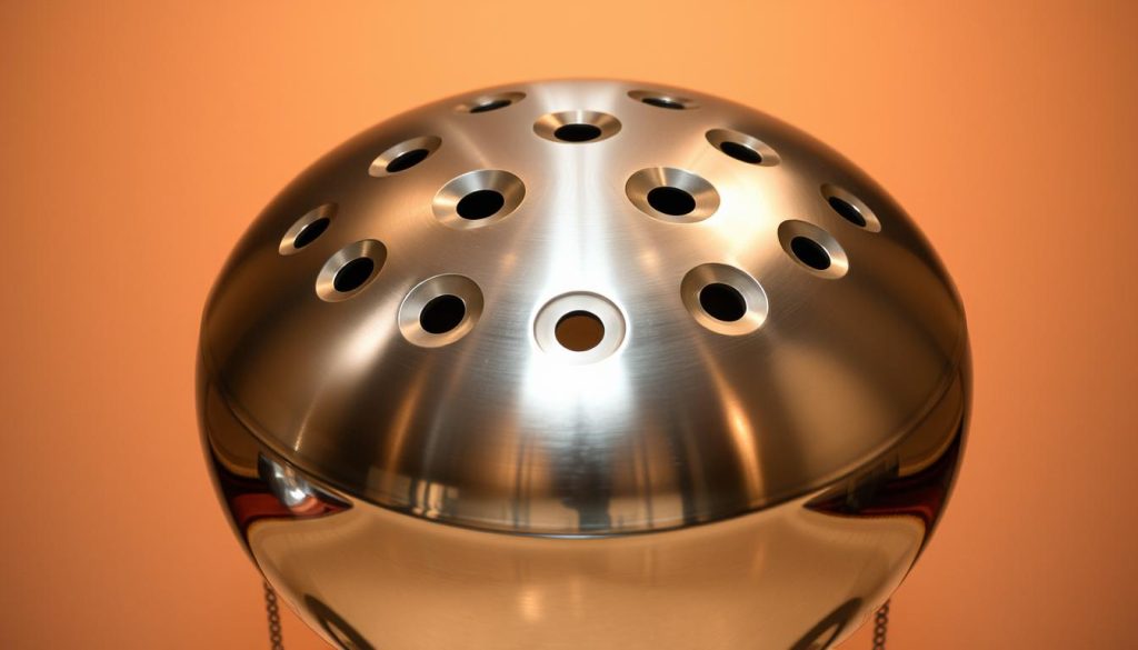 A polished handpan drum made of gleaming stainless steel, with a lustrous silver finish that catches the soft, warm light of a recording studio. The drum's surface is smooth and unblemished, its circular sound holes symmetrically arranged, creating a visually striking and harmonious composition. In the foreground, the handpan is positioned against a plain, muted background, allowing the instrument to take center stage. The lighting is carefully directed to accentuate the handpan's curves and highlight its metallic sheen, evoking a sense of precision, elegance, and high-quality craftsmanship. The overall atmosphere is calm, contemplative, and focused on the intrinsic beauty and tonal qualities of this specialized percussion instrument.