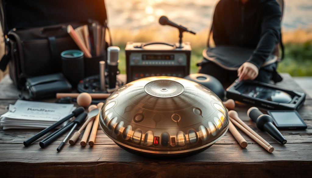 A striking collection of handpan accessories, meticulously arranged on a rustic wooden surface, bathed in warm, natural lighting. In the foreground, the handpan itself takes center stage, its intricate patterns and gleaming metallic surface inviting the viewer to imagine its soothing, meditative tones. Surrounding it, an array of mallets, carrying cases, and other essential items for the handpan musician, all crafted with care and attention to detail. The middle ground features a microphone and audio interface, hinting at the importance of amplification and sound quality for live performances. In the background, a subtle, blurred backdrop suggests a tranquil, outdoor setting, evoking the serene ambiance often associated with handpan music. A striking collection of handpan accessories, meticulously arranged on a rustic wooden surface, bathed in warm, natural lighting. In the foreground, the handpan itself takes center stage, its intricate patterns and gleaming metallic surface inviting the viewer to imagine its soothing, meditative tones. Surrounding it, an array of mallets, carrying cases, and other essential items for the handpan musician, all crafted with care and attention to detail. The middle ground features a microphone and audio interface, hinting at the importance of amplification and sound quality for live performances. In the background, a subtle, blurred backdrop suggests a tranquil, outdoor setting, evoking the serene ambiance often associated with handpan music.