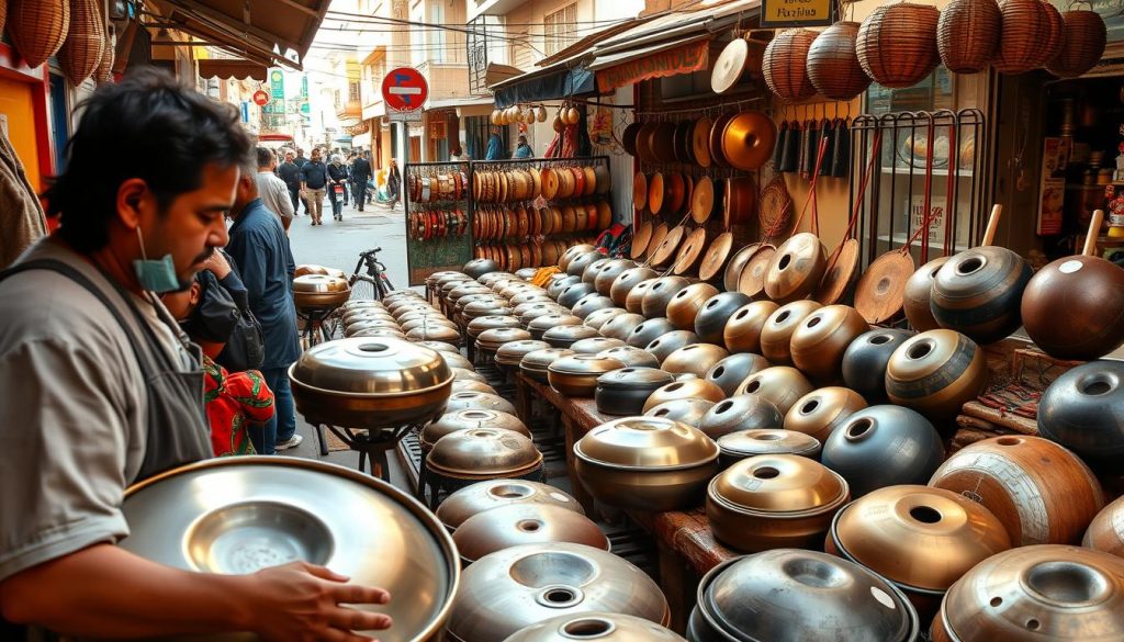 A vibrant marketplace showcasing a variety of handpans, with skilled artisans demonstrating their craft. In the foreground, a musician plays a handpan, its mesmerizing tones filling the air. The middle ground features stalls displaying an array of handpans in diverse shapes, sizes, and finishes, inviting customers to explore and find the perfect instrument. The background depicts a bustling city street, with pedestrians and local shops, creating a lively, authentic atmosphere. The lighting is warm and natural, highlighting the handpans' intricate details and the musicians' passionate performance. The overall scene conveys the joy and accessibility of acquiring a quality handpan at a fair price. A vibrant marketplace showcasing a variety of handpans, with skilled artisans demonstrating their craft. In the foreground, a musician plays a handpan, its mesmerizing tones filling the air. The middle ground features stalls displaying an array of handpans in diverse shapes, sizes, and finishes, inviting customers to explore and find the perfect instrument. The background depicts a bustling city street, with pedestrians and local shops, creating a lively, authentic atmosphere. The lighting is warm and natural, highlighting the handpans' intricate details and the musicians' passionate performance. The overall scene conveys the joy and accessibility of acquiring a quality handpan at a fair price.