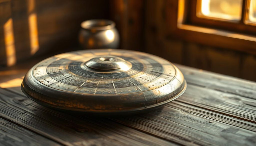 A well-worn handpan resting on a weathered wooden surface, bathed in warm, soft lighting from a nearby window. The instrument appears aged, with subtle nicks and scratches that tell a story of past occasions and musical journeys. The background is slightly blurred, allowing the handpan to take center stage, its metallic discs catching the light and hinting at the rich, resonant tones it can produce. The scene evokes a sense of nostalgia and the appreciation for the character and history found in a second-hand instrument, ready to be rediscovered and cherished anew. A well-worn handpan resting on a weathered wooden surface, bathed in warm, soft lighting from a nearby window. The instrument appears aged, with subtle nicks and scratches that tell a story of past occasions and musical journeys. The background is slightly blurred, allowing the handpan to take center stage, its metallic discs catching the light and hinting at the rich, resonant tones it can produce. The scene evokes a sense of nostalgia and the appreciation for the character and history found in a second-hand instrument, ready to be rediscovered and cherished anew.