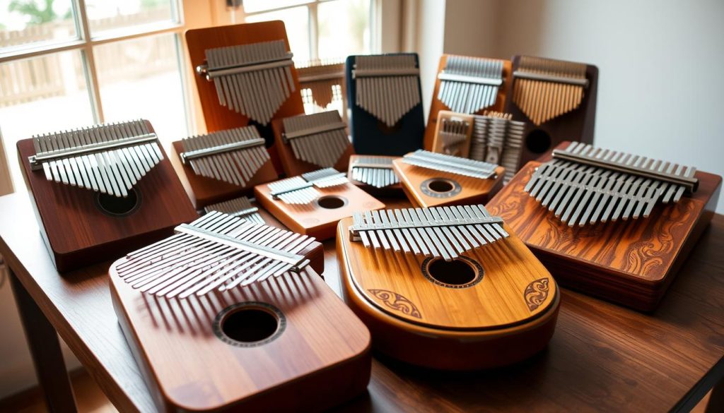 A beautifully arranged collection of various kalimbas displayed on a wooden table, showcasing different shapes and the number of tines. In the foreground, a traditional, rounded kalimba with a rich mahogany finish, alongside a square-shaped kalimba with intricate carvings. In the middle, several kalimbas of varying sizes, some with fewer tines and others with more, each exhibiting unique designs and materials like bamboo and metal. In the background, soft natural lighting filters through a window, creating a warm, inviting atmosphere. The scene is captured from a slightly elevated angle, focusing on the details of the instruments and their craftsmanship, highlighting the beauty and diversity of kalimbas in a harmonious setting. A beautifully arranged collection of various kalimbas displayed on a wooden table, showcasing different shapes and the number of tines. In the foreground, a traditional, rounded kalimba with a rich mahogany finish, alongside a square-shaped kalimba with intricate carvings. In the middle, several kalimbas of varying sizes, some with fewer tines and others with more, each exhibiting unique designs and materials like bamboo and metal. In the background, soft natural lighting filters through a window, creating a warm, inviting atmosphere. The scene is captured from a slightly elevated angle, focusing on the details of the instruments and their craftsmanship, highlighting the beauty and diversity of kalimbas in a harmonious setting.