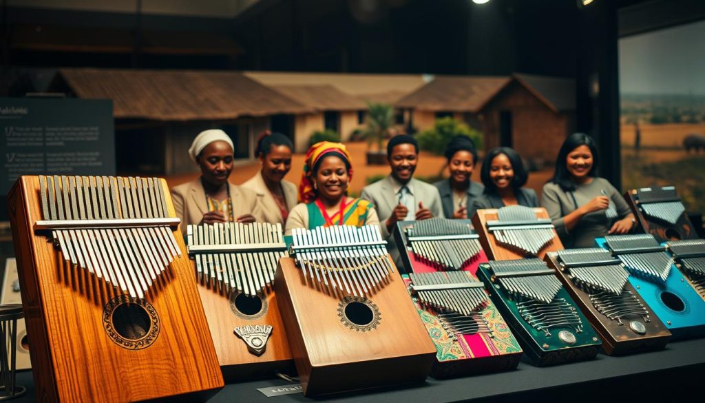 A beautifully arranged display showcasing the evolution of the kalimba instrument over time. In the foreground, a traditional wooden kalimba with intricately carved details, surrounded by various modern adaptations made from metal and colorful materials. In the middle ground, an ethnically diverse group of musicians, dressed in modest, professional attire, play these kalimbas, their expressions reflecting joy and engagement. The background features a warm, sunlit landscape of an African village, highlighting cultural elements like traditional huts and lush vegetation. Soft, diffused lighting enhances the vibrant colors of the kalimbas, creating a welcoming and harmonious atmosphere that illustrates the instrument's historical and cultural significance. A beautifully arranged display showcasing the evolution of the kalimba instrument over time. In the foreground, a traditional wooden kalimba with intricately carved details, surrounded by various modern adaptations made from metal and colorful materials. In the middle ground, an ethnically diverse group of musicians, dressed in modest, professional attire, play these kalimbas, their expressions reflecting joy and engagement. The background features a warm, sunlit landscape of an African village, highlighting cultural elements like traditional huts and lush vegetation. Soft, diffused lighting enhances the vibrant colors of the kalimbas, creating a welcoming and harmonious atmosphere that illustrates the instrument's historical and cultural significance.
