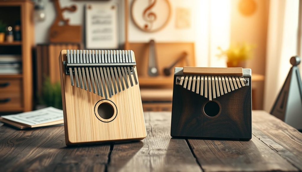 A beautifully arranged kalimba diatonique and chromatique displayed prominently in the foreground, showcasing their unique shapes and vibrant colors. The diatonique kalimba, crafted from light-colored wood with polished metal tines, contrasts with the chromatique version, which features a rich, darker wood finish and a wider range of tines. Both instruments rest on a rustic wooden table, enhancing their natural aesthetic. In the middle ground, soft, warm lighting cascades down, highlighting the instruments' craftsmanship and creating gentle shadows. The background is softly blurred, suggesting a cozy music room filled with subtle hints of musical decor, like sheet music and a metronome, which adds to the inviting atmosphere. The overall mood is serene and inspiring, reflecting a passion for music and craftsmanship. A beautifully arranged kalimba diatonique and chromatique displayed prominently in the foreground, showcasing their unique shapes and vibrant colors. The diatonique kalimba, crafted from light-colored wood with polished metal tines, contrasts with the chromatique version, which features a rich, darker wood finish and a wider range of tines. Both instruments rest on a rustic wooden table, enhancing their natural aesthetic. In the middle ground, soft, warm lighting cascades down, highlighting the instruments' craftsmanship and creating gentle shadows. The background is softly blurred, suggesting a cozy music room filled with subtle hints of musical decor, like sheet music and a metronome, which adds to the inviting atmosphere. The overall mood is serene and inspiring, reflecting a passion for music and craftsmanship.