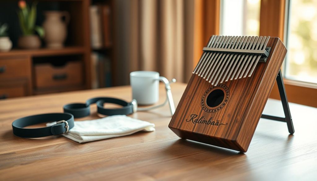 A beautifully arranged kalimba on a wooden table, showcasing ergonomic accessories designed to enhance the comfort of playing. In the foreground, display close-up details of the kalimba's finely crafted wooden body with rich textures and the gleaming metal tines. In the middle ground, include essential accessories such as a comfortable wrist strap, a soft cleaning cloth, and an adjustable stand that showcases the kalimba at an inviting angle. In the background, softly blurred warm lighting from a nearby window creates a cozy, inviting atmosphere. The scene should evoke a sense of calm and relaxation, ideal for music lovers seeking comfort and ergonomics in their playing experience. Use natural light to enhance the wood's grain detail and create subtle shadows. A beautifully arranged kalimba on a wooden table, showcasing ergonomic accessories designed to enhance the comfort of playing. In the foreground, display close-up details of the kalimba's finely crafted wooden body with rich textures and the gleaming metal tines. In the middle ground, include essential accessories such as a comfortable wrist strap, a soft cleaning cloth, and an adjustable stand that showcases the kalimba at an inviting angle. In the background, softly blurred warm lighting from a nearby window creates a cozy, inviting atmosphere. The scene should evoke a sense of calm and relaxation, ideal for music lovers seeking comfort and ergonomics in their playing experience. Use natural light to enhance the wood's grain detail and create subtle shadows.