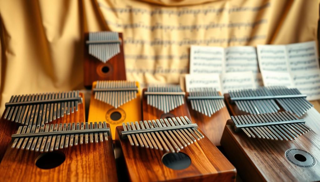 A beautifully arranged scene featuring various kalimbas in different tunings and timbres. In the foreground, focus on a variety of kalimbas crafted from rich wood and adorned with vibrant decorations, showcasing their unique shapes and sizes. Include detailed close-ups of the tines to highlight the craftsmanship. In the middle ground, display a soft fabric backdrop arranged in warm tones to enhance the natural look of the instruments. In the background, gently blurred musical notation sheets can be seen, adding context to the theme of music. The lighting should be soft and warm, creating an inviting and cozy atmosphere that emphasizes the beauty of the instruments. Capture the image with a shallow depth of field to draw attention to the kalimbas, ideally shot from a slightly elevated angle. A beautifully arranged scene featuring various kalimbas in different tunings and timbres. In the foreground, focus on a variety of kalimbas crafted from rich wood and adorned with vibrant decorations, showcasing their unique shapes and sizes. Include detailed close-ups of the tines to highlight the craftsmanship. In the middle ground, display a soft fabric backdrop arranged in warm tones to enhance the natural look of the instruments. In the background, gently blurred musical notation sheets can be seen, adding context to the theme of music. The lighting should be soft and warm, creating an inviting and cozy atmosphere that emphasizes the beauty of the instruments. Capture the image with a shallow depth of field to draw attention to the kalimbas, ideally shot from a slightly elevated angle.
