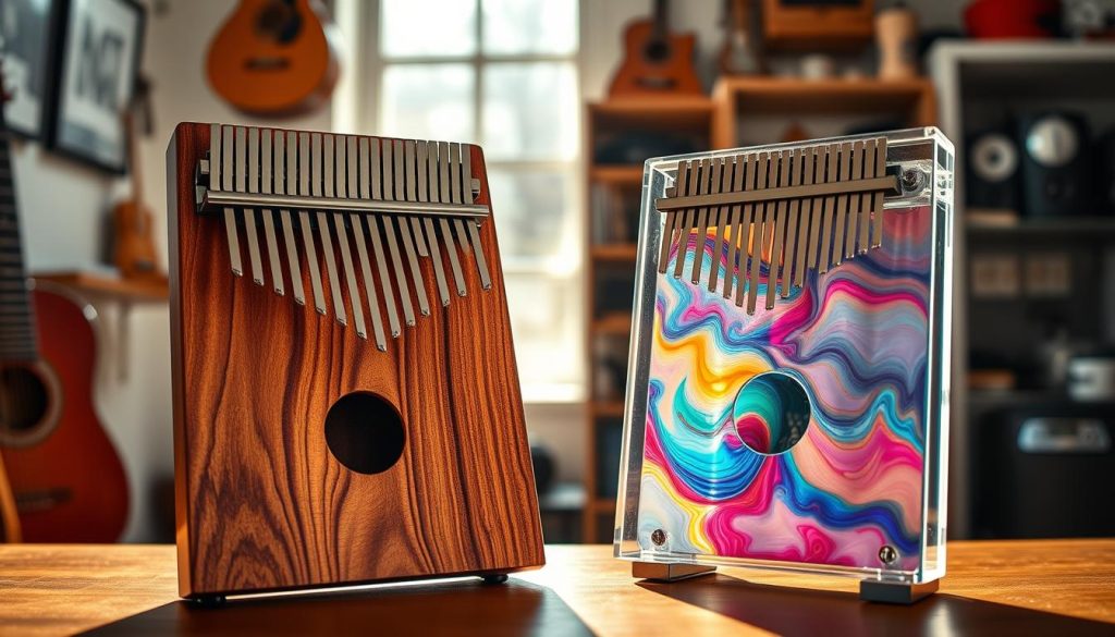 A beautifully crafted kalimba displayed prominently in the foreground, showcasing both wooden and acrylic variants side by side. The wooden kalimba features rich, warm tones and intricate grain patterns, highlighting its natural texture. The acrylic kalimba is transparent, with vibrant colors swirling within, reflecting light in a playful way. In the middle ground, soft, diffused sunlight filters through a window, casting gentle shadows that enhance the depth of the scene. The background features a cozy music studio with soft-focus shelves filled with musical instruments and accessories, evoking a serene and inspiring atmosphere. The composition should create a harmonious balance between the earthy warmth of the wood and the modern elegance of acrylic, inviting viewers to explore the differences in material. The lighting should be warm and inviting, creating a peaceful mood. A beautifully crafted kalimba displayed prominently in the foreground, showcasing both wooden and acrylic variants side by side. The wooden kalimba features rich, warm tones and intricate grain patterns, highlighting its natural texture. The acrylic kalimba is transparent, with vibrant colors swirling within, reflecting light in a playful way. In the middle ground, soft, diffused sunlight filters through a window, casting gentle shadows that enhance the depth of the scene. The background features a cozy music studio with soft-focus shelves filled with musical instruments and accessories, evoking a serene and inspiring atmosphere. The composition should create a harmonious balance between the earthy warmth of the wood and the modern elegance of acrylic, inviting viewers to explore the differences in material. The lighting should be warm and inviting, creating a peaceful mood.