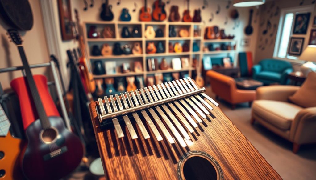 A beautifully crafted kalimba instrument displayed prominently in the foreground, showcasing its wooden body and shimmering metal tines. The kalimba is surrounded by a variety of other instruments, hinting at different levels and styles for various players. In the middle ground, a softly lit studio setting reveals shelves filled with kalimbas of diverse shapes, sizes, and colors, from beginner-friendly models to more intricate designs. The background features a warm, inviting space decorated with musical notes and relaxed seating areas, creating a cozy atmosphere that encourages exploration of musical options. The lighting is soft and warm, casting gentle shadows to enhance the textures of the instruments. The mood is inviting and educational, appealing to both novices and seasoned musicians alike. A beautifully crafted kalimba instrument displayed prominently in the foreground, showcasing its wooden body and shimmering metal tines. The kalimba is surrounded by a variety of other instruments, hinting at different levels and styles for various players. In the middle ground, a softly lit studio setting reveals shelves filled with kalimbas of diverse shapes, sizes, and colors, from beginner-friendly models to more intricate designs. The background features a warm, inviting space decorated with musical notes and relaxed seating areas, creating a cozy atmosphere that encourages exploration of musical options. The lighting is soft and warm, casting gentle shadows to enhance the textures of the instruments. The mood is inviting and educational, appealing to both novices and seasoned musicians alike.