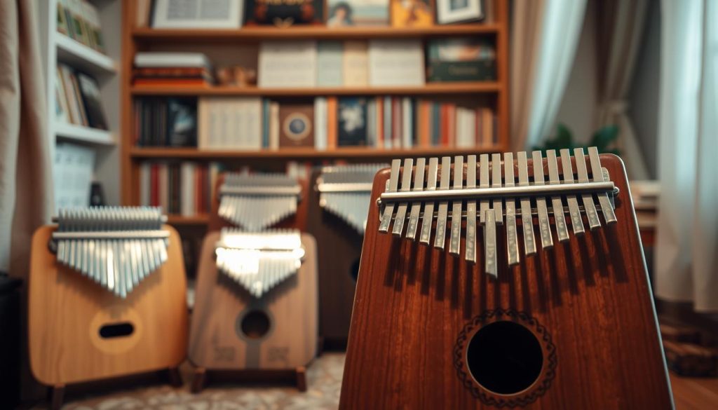 A beautifully crafted kalimba instrument, showcasing its wooden texture and gleaming metal tines, is situated prominently in the foreground. The kalimba should be adorned with intricate carvings, reflecting both artistry and craftsmanship. Surrounding the instrument, a soft, warm light bathes the scene, enhancing the natural grains of the wood. In the middle ground, a few different kalimba models are displayed at varying price points, emphasizing the budget theme. The background features a cozy music studio, with shelves lined with musical books and soft fabric drapes, creating an inviting atmosphere. The overall mood is warm and inspirational, inviting viewers to explore the joy of music at any budget level. A beautifully crafted kalimba instrument, showcasing its wooden texture and gleaming metal tines, is situated prominently in the foreground. The kalimba should be adorned with intricate carvings, reflecting both artistry and craftsmanship. Surrounding the instrument, a soft, warm light bathes the scene, enhancing the natural grains of the wood. In the middle ground, a few different kalimba models are displayed at varying price points, emphasizing the budget theme. The background features a cozy music studio, with shelves lined with musical books and soft fabric drapes, creating an inviting atmosphere. The overall mood is warm and inspirational, inviting viewers to explore the joy of music at any budget level.