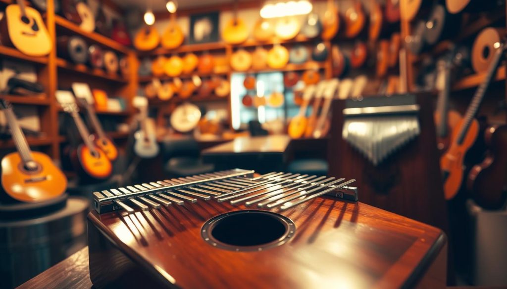 A beautifully crafted kalimba occupies the foreground, made of rich mahogany with glistening metal tines, reflecting warm light. Delicate details of the instrument's craftsmanship, such as intricate carvings on the body and polished finish, are clearly visible. In the middle ground, there are various kalimbas in different sizes and colors, showcasing a range of choices for potential buyers. The background features a soft-focus music store interior, filled with shelves of musical instruments, creating a cozy and inviting atmosphere. The lighting is warm and soft, casting gentle shadows, evoking a sense of nostalgia and musical charm. The image is captured from a slightly elevated angle to provide an engaging perspective, inviting viewers to explore the options available. A beautifully crafted kalimba occupies the foreground, made of rich mahogany with glistening metal tines, reflecting warm light. Delicate details of the instrument's craftsmanship, such as intricate carvings on the body and polished finish, are clearly visible. In the middle ground, there are various kalimbas in different sizes and colors, showcasing a range of choices for potential buyers. The background features a soft-focus music store interior, filled with shelves of musical instruments, creating a cozy and inviting atmosphere. The lighting is warm and soft, casting gentle shadows, evoking a sense of nostalgia and musical charm. The image is captured from a slightly elevated angle to provide an engaging perspective, inviting viewers to explore the options available.