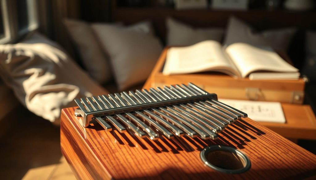 A beautifully crafted kalimba resonator box, set prominently in the foreground, reveals intricate wooden textures and vibrant colors of the wood grain. The kalimba is adorned with shimmering metal tines, delicately reflecting sunlight. Surrounding the instrument, soft, natural lighting creates a warm atmosphere, highlighting the contrast between the smooth wood and shine of the tines. In the middle ground, a blurred background features a cozy, dimly lit music room with soft cushions and sheet music scattered on a wooden table, enhancing the artistic vibe. The scene conveys a sense of calm and inspiration, inviting the viewer to appreciate the nuances of sound and craftsmanship associated with the kalimba's resonator box. The angle is slightly tilted to emphasize depth, drawing the viewer's eye toward the details of the instrument. A beautifully crafted kalimba resonator box, set prominently in the foreground, reveals intricate wooden textures and vibrant colors of the wood grain. The kalimba is adorned with shimmering metal tines, delicately reflecting sunlight. Surrounding the instrument, soft, natural lighting creates a warm atmosphere, highlighting the contrast between the smooth wood and shine of the tines. In the middle ground, a blurred background features a cozy, dimly lit music room with soft cushions and sheet music scattered on a wooden table, enhancing the artistic vibe. The scene conveys a sense of calm and inspiration, inviting the viewer to appreciate the nuances of sound and craftsmanship associated with the kalimba's resonator box. The angle is slightly tilted to emphasize depth, drawing the viewer's eye toward the details of the instrument.