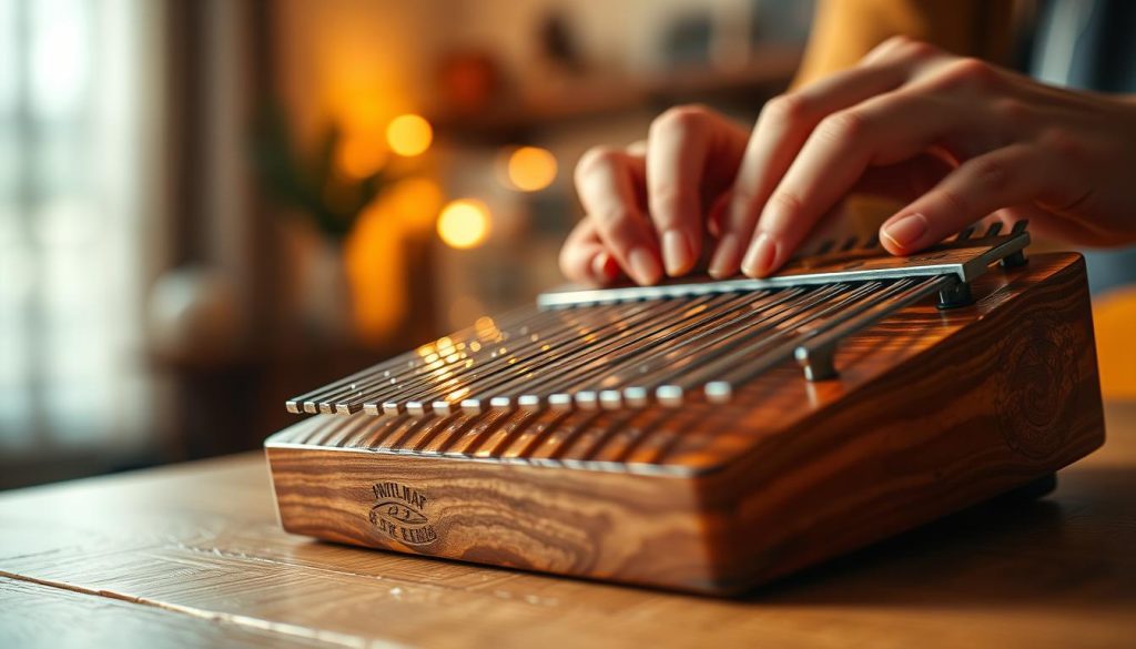 A close-up view of a beautifully crafted kalimba resting on a wooden table, showcasing its intricate metal tines (lames) glistening under soft, warm lighting. The foreground features skilled hands gently touching the tines, highlighted in a focused, shallow depth of field. The middle ground reveals the kalimba’s polished wooden body, with delicate carvings reflecting attention to craftsmanship. In the background, a softly blurred ambiance of a cozy room with dim lighting creates an inviting atmosphere, emphasizing a sense of tranquility and concentration. The overall mood is serene, conveying the joy of learning and making music with a kalimba, appealing to beginners exploring their musical journey. A close-up view of a beautifully crafted kalimba resting on a wooden table, showcasing its intricate metal tines (lames) glistening under soft, warm lighting. The foreground features skilled hands gently touching the tines, highlighted in a focused, shallow depth of field. The middle ground reveals the kalimba’s polished wooden body, with delicate carvings reflecting attention to craftsmanship. In the background, a softly blurred ambiance of a cozy room with dim lighting creates an inviting atmosphere, emphasizing a sense of tranquility and concentration. The overall mood is serene, conveying the joy of learning and making music with a kalimba, appealing to beginners exploring their musical journey.
