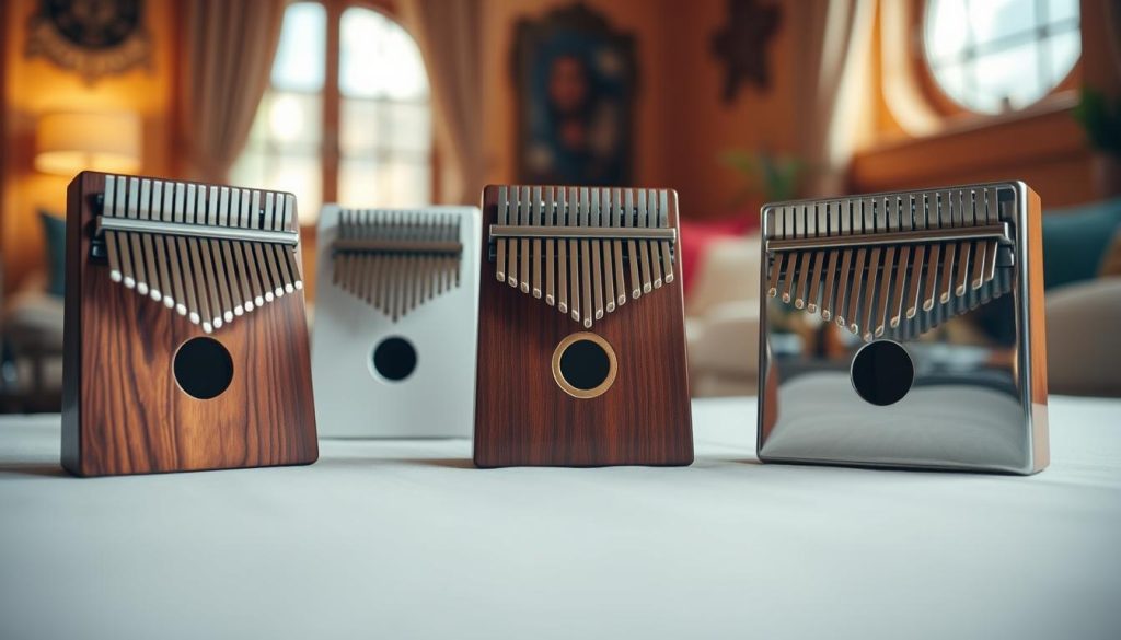 A detailed comparison of kalimba materials, featuring three kalimbas prominently displayed in the foreground. Each kalimba is made from different materials: one from hardwood, showcasing its rich texture; another from fiberglass, capturing its sleek, shiny surface; and a third made of metal, reflecting light with a polished finish. In the middle ground, a soft, blurred gradient highlights the differences in finish and color. The background contains a warm, inviting tone, suggesting a cozy music room filled with natural light filtering through a window. The angle of the shot should be slightly elevated, focusing on the kalimbas, creating a sense of elegance and inviting curiosity. The overall mood is informative and professional, perfect for an educational article on musical instruments. A detailed comparison of kalimba materials, featuring three kalimbas prominently displayed in the foreground. Each kalimba is made from different materials: one from hardwood, showcasing its rich texture; another from fiberglass, capturing its sleek, shiny surface; and a third made of metal, reflecting light with a polished finish. In the middle ground, a soft, blurred gradient highlights the differences in finish and color. The background contains a warm, inviting tone, suggesting a cozy music room filled with natural light filtering through a window. The angle of the shot should be slightly elevated, focusing on the kalimbas, creating a sense of elegance and inviting curiosity. The overall mood is informative and professional, perfect for an educational article on musical instruments.