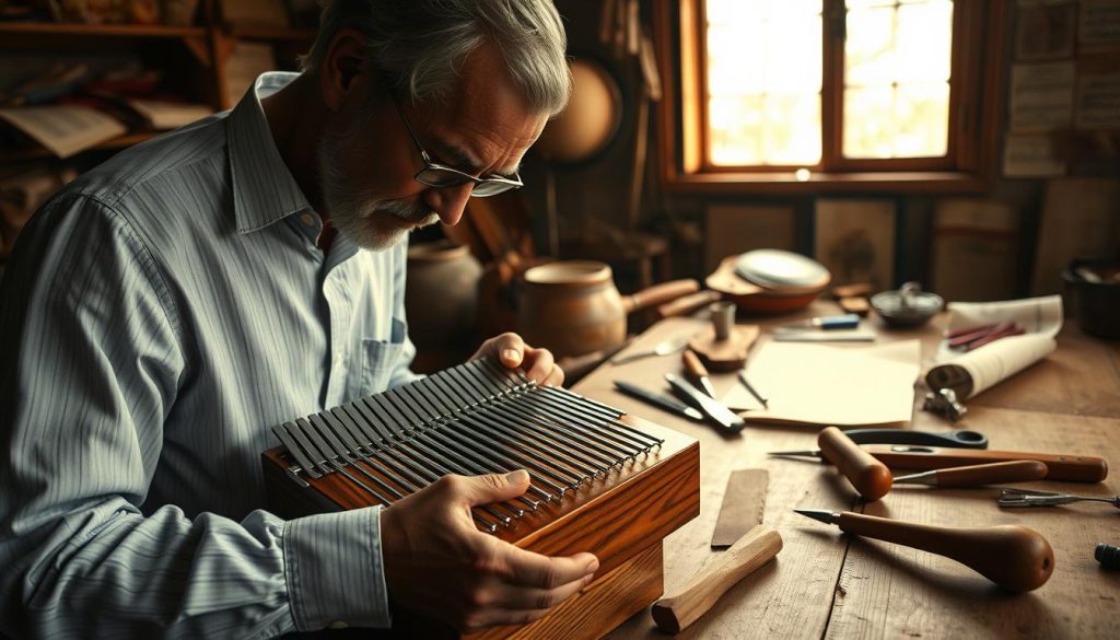 A mid-20th century scene showcasing Hugh Tracey, an African musicologist, in a workshop environment while working on the modernization of the kalimba. In the foreground, Tracey is closely examining a beautiful, polished kalimba with a modern twist, featuring metal tines and a sleek, ergonomic design. In the middle, tools and pieces of wood are scattered on a table, highlighting his craftsmanship and innovative techniques. The background depicts a warm, inviting workshop filled with natural light streaming through a window, illuminating traditional African instruments and musical notes on parchment. The atmosphere conveys creativity and dedication, capturing the essence of the kalimba's evolution. Ideal composition with soft focus on the details, rich colors, and a warm ambiance. A mid-20th century scene showcasing Hugh Tracey, an African musicologist, in a workshop environment while working on the modernization of the kalimba. In the foreground, Tracey is closely examining a beautiful, polished kalimba with a modern twist, featuring metal tines and a sleek, ergonomic design. In the middle, tools and pieces of wood are scattered on a table, highlighting his craftsmanship and innovative techniques. The background depicts a warm, inviting workshop filled with natural light streaming through a window, illuminating traditional African instruments and musical notes on parchment. The atmosphere conveys creativity and dedication, capturing the essence of the kalimba's evolution. Ideal composition with soft focus on the details, rich colors, and a warm ambiance.